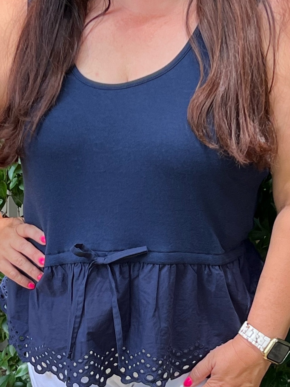 Time and Tru Navy Blue Tank Top with Eyelet Hem